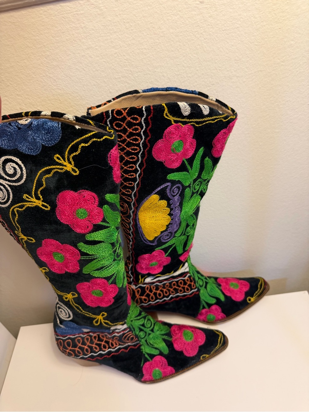 Women's Knee-High Embroidered Floral Boots - Black with Pink & Green - Picture 7 of 8